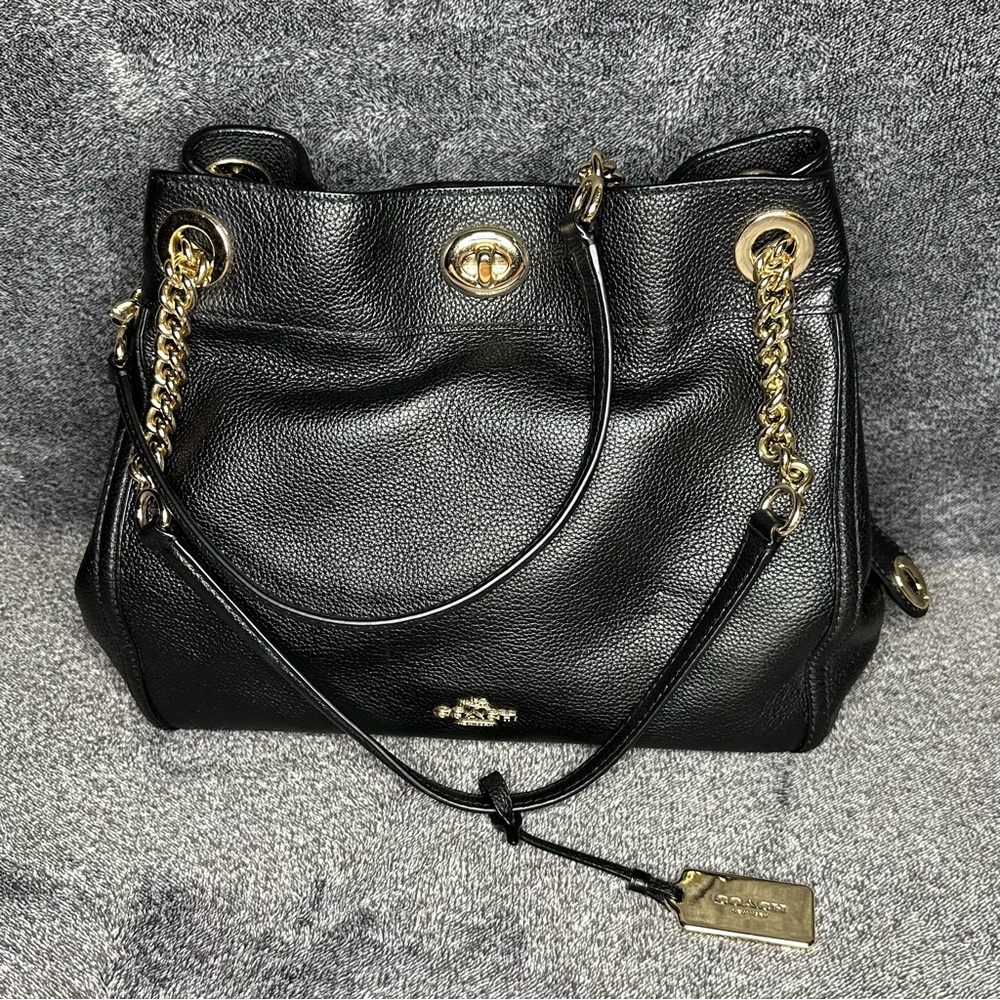 Coach Black Leather Handbag with Gold Accents